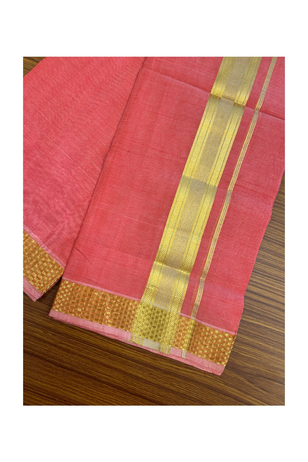 25% Discount! KaithariKada Handloom UNAKKUPAAV Balaramapuram - 100% Cotton Double Mundu/Dhoti - Red Pink Colour Body - 2 inch Gold Kasavu Stripes Design - 20KK5176ABH