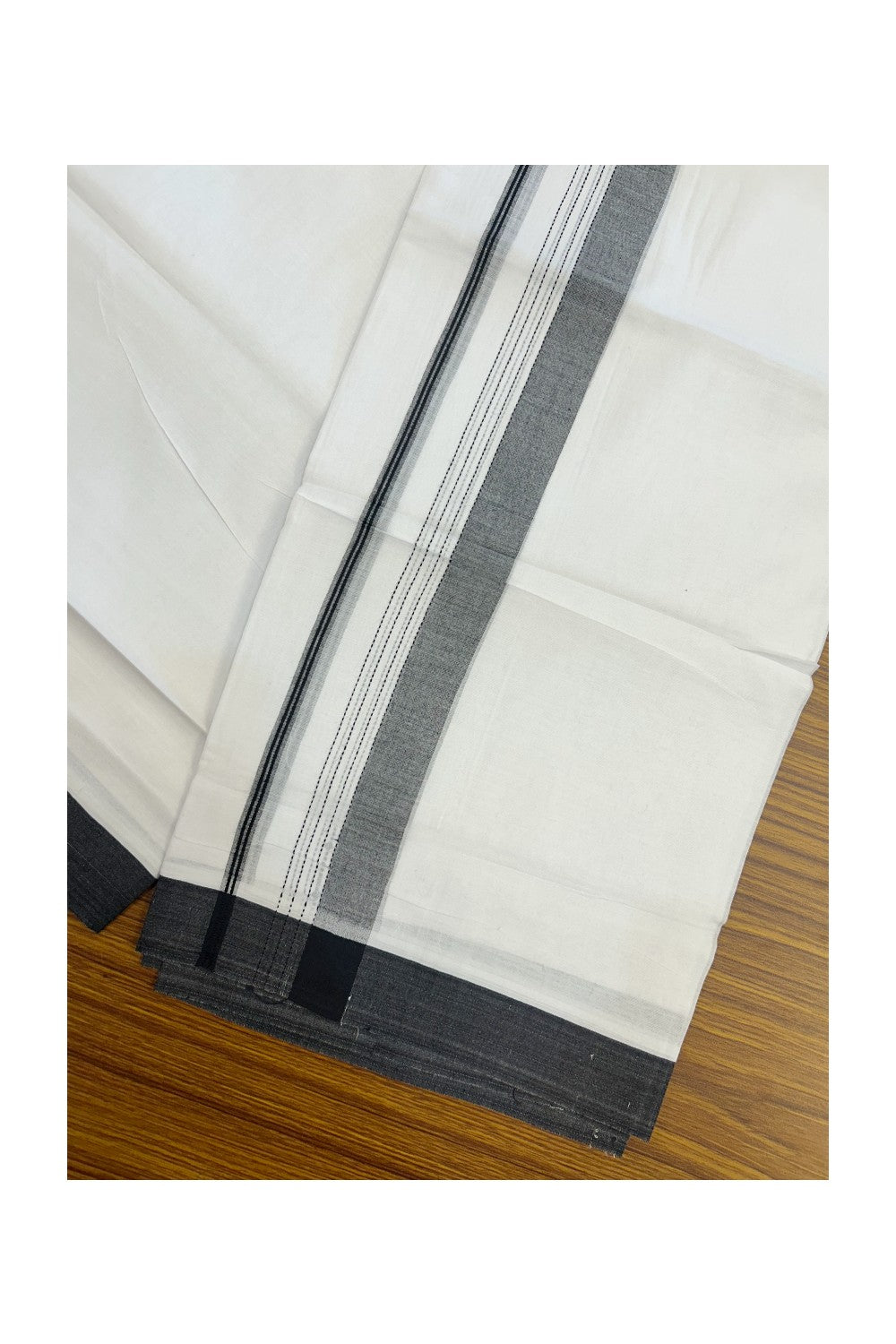 20% Discount ! Kaitharikada Balaramapuram 100% Cotton PURE WHITE Double Mundu/Dothi - 100x80 - 1.5 inch Black Shaded Striped Kara - 20KK5183VIN