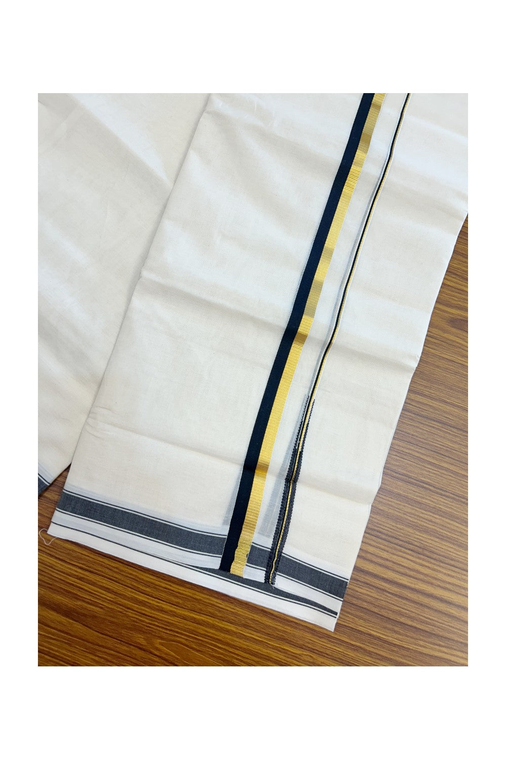 20% DISCOUNT !! KaithariKada Balaramapuram 100% Pure Cotton Double Off white - (Unbleached) Mundu/Dhoti-100x80 - 0.75 inch Puliyilakkara Gold Kasavu & Black Chutty Kara - 20KK5186CKS