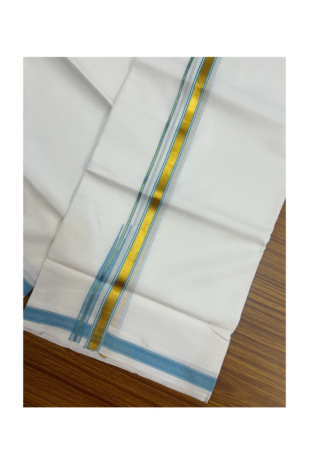20% DISCOUNT!! KaithariKada Balaramapuram 100% Cotton PURE WHITE Double Mundu/Dhoti-100x80 - 0.5 inch Cyan Blue Kasav Chutty Kara - 20KK5191CKS