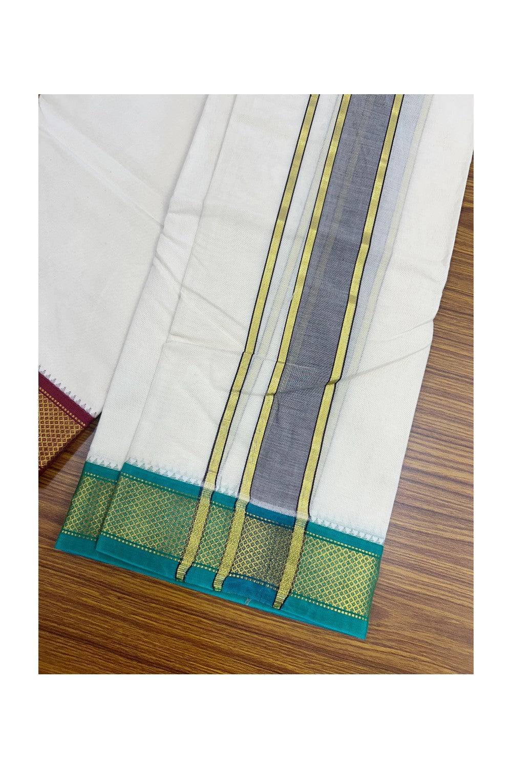 20% DISCOUNT! KaithariKada 100% Cotton Off White - (Unbleached) 100x100 thread - NORTH INDIAN- ATTACHED GAMCHA 9X5 Dhoti 2 inch Dark Brown kara with Maroon & Jade Green Kasavu border - 20KK5196PMC