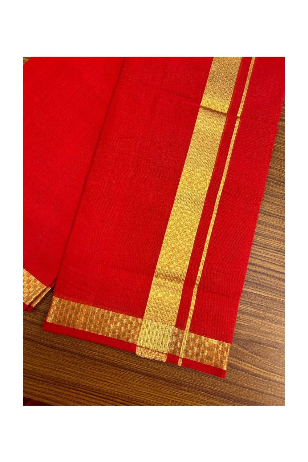 25% Discount! KaithariKada Handloom UNAKKUPAAV Balaramapuram - 100% Cotton Double Mundu/Dhoti - Chilli Red Colour Body - 1.5 inch Gold Kasavu Jacquard Design Kara - 20KK5208ABH