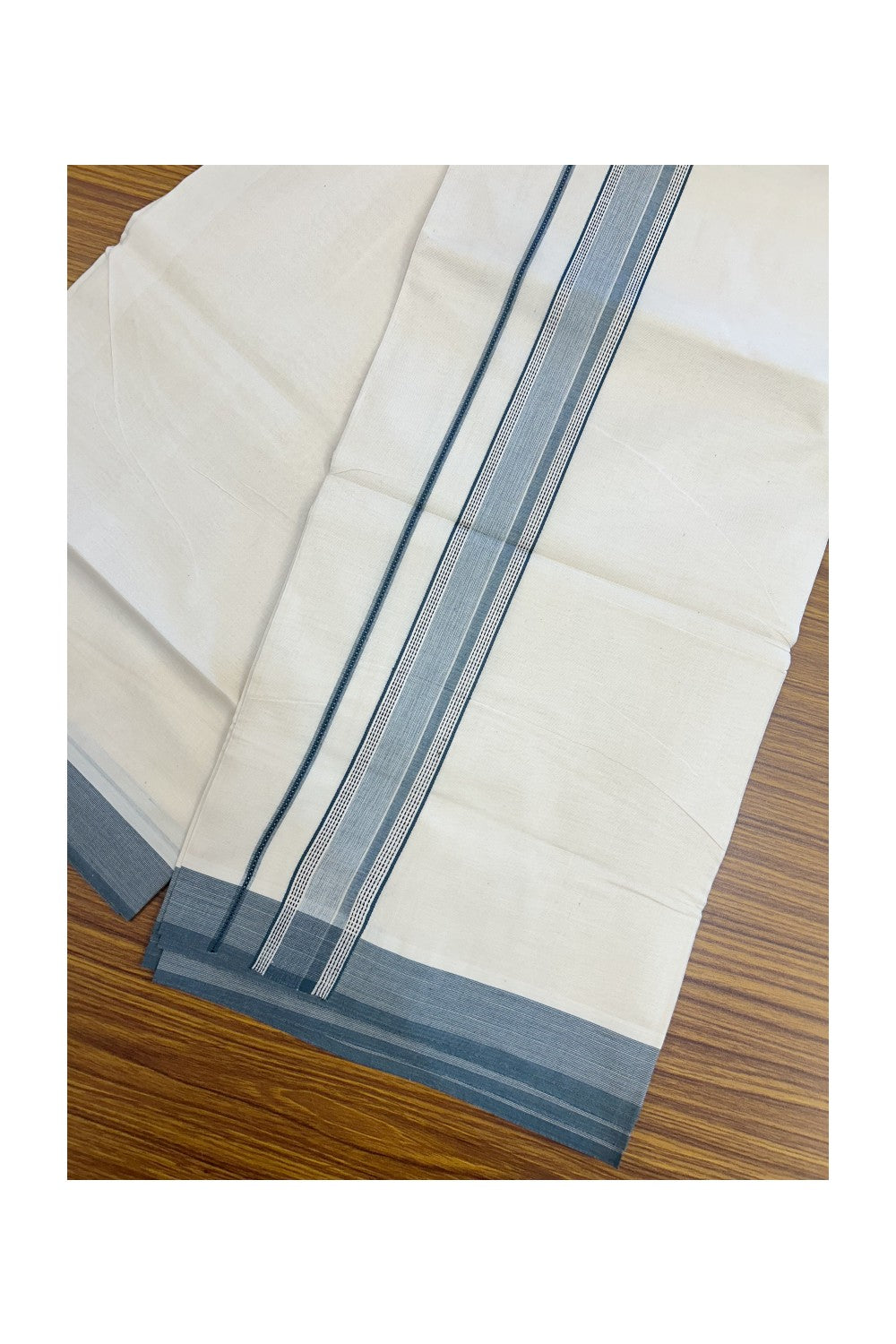 20% DISCOUNT ! KaithariKada Balaramapuram 100%  Cotton OFF WHITE (Unbleached) Double  Mundu/Dhoti - 100X80 - 1.5 inch Pine Green & Black Shaded Designer Kara - 20KK5213 VIN