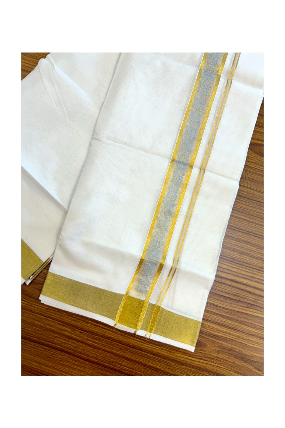 22% Discount!! KaithariKada Balaramapuram 100% Cotton DOUBLE OFF WHITE - (Ubleached) Mundu/Dhoti - 80x90 - 1.5 inch Gold Kasavu with Silver Leaf Printed Design Kara - 20KK5219 GAN