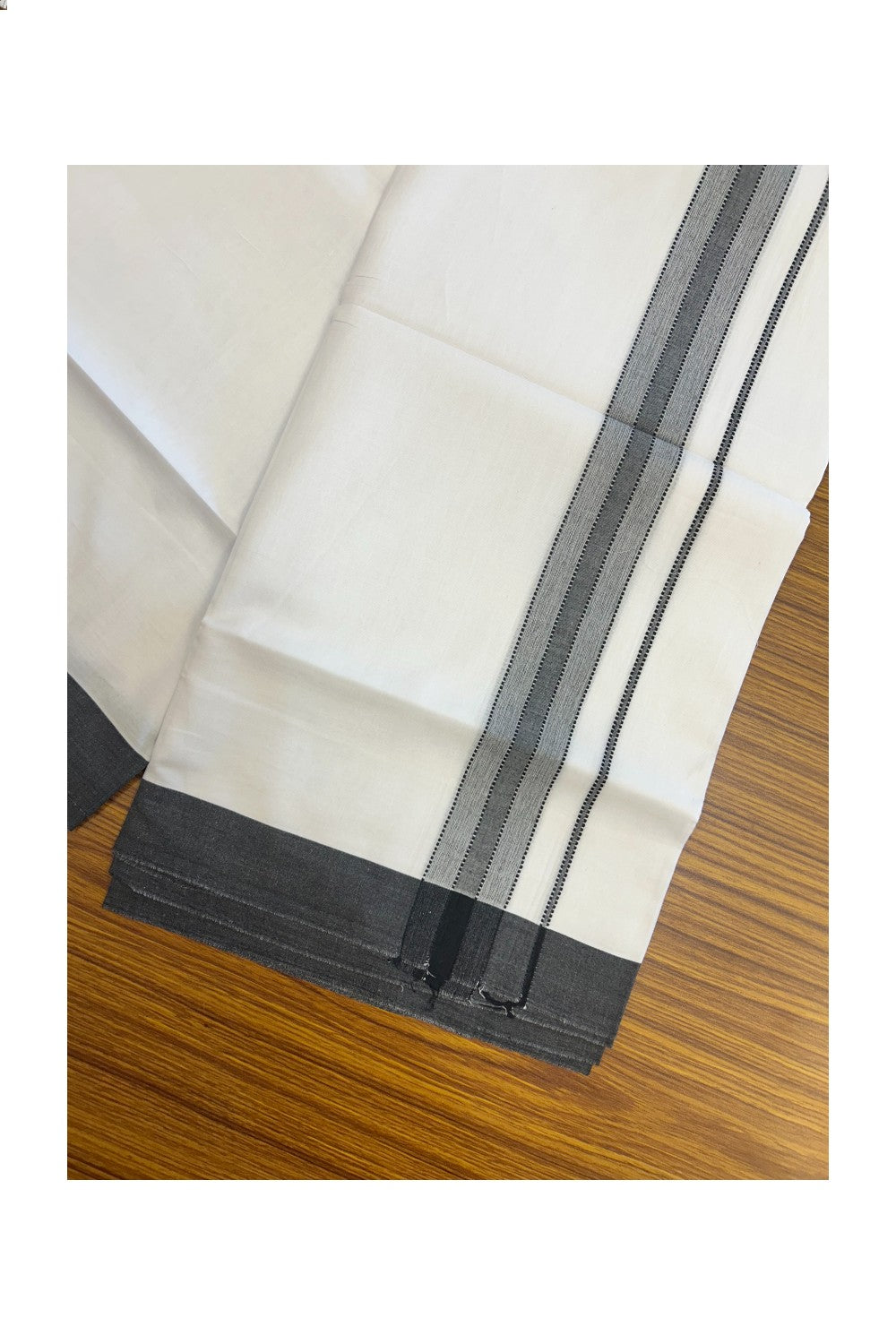 20% DISCOUNT! KaithariKada Balaramapuram 100% Cotton Double Pure white Mundu/Dhoti- 100x80 - 1.5 inch Black Shaded Striped Kara - 3.78mtr ( 8 muzham) - 20KK5227 PMC