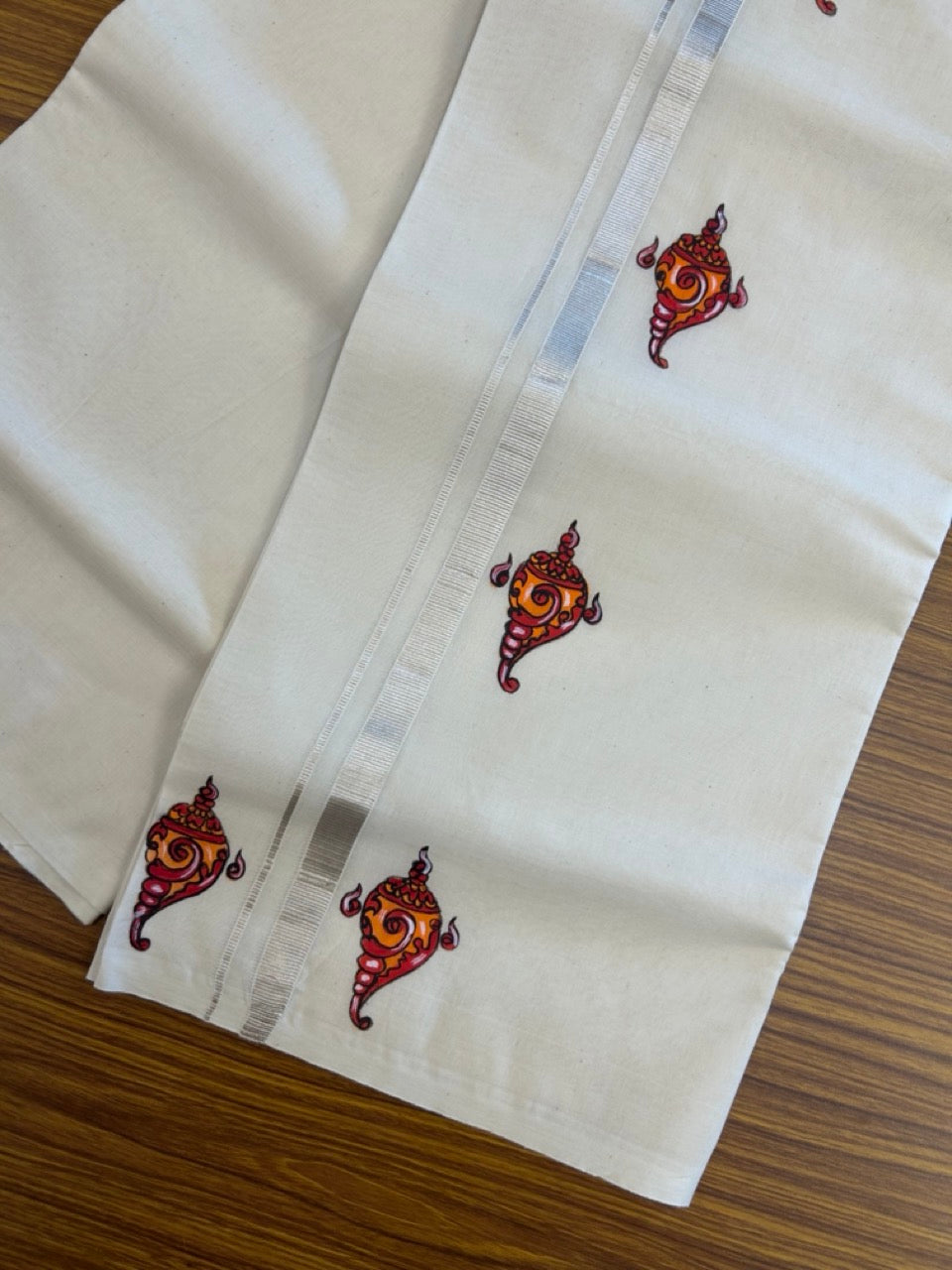 KaithariKada Balaramapuram 100% Cotton Double Off white - (Unbleached) Mundu/Dhoti-100x80 - 0.5 inch Hand Painted Silver Kasav Orange & Red Mural Design Kara 3.80 mtr (8 muzham) - 15 KK5244 ASH