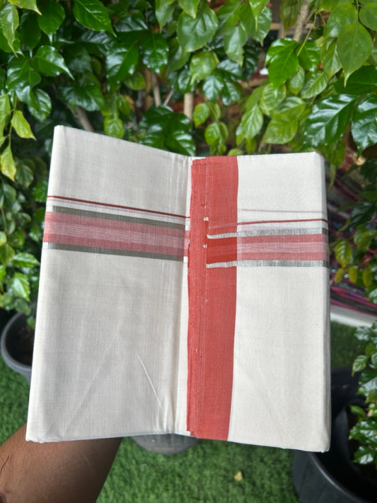 25% Discount! KaithariKada HANDLOOM MILLPAAV Balaramapuram - 100% PURE Cotton OFF WHITE (Unbleached) Double Mundu/Dhoti - 80x90 - 1.5 inch Silver kasavu Rust orange shaded kara 4 Mtr (8.5 Muzham) - 21KK5235 YAR