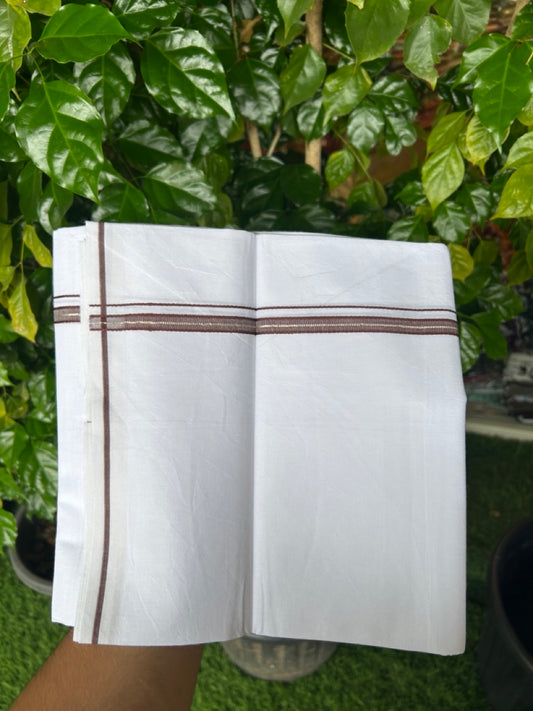 24% Discount !! KaithariKada Balaramapuram 100% Cotton Pure white Single Mundu/Dhoti - Twisted 60s Thread- 1 cm Silver Kasavu & Brown Kara (2 meter / 4 muzham) - 21KK5241 GL