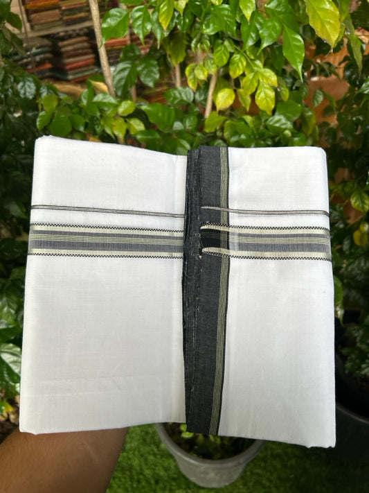 25% Discount!! NEW ULTRA PURE WHITE HANDLOOM Balaramapuram - 100% MERCERISED Cotton Double Mundu/Dhoti - 120 twisted warp x 80s weft - Green Black Silver Kasav Kara- 21KK5248 REA