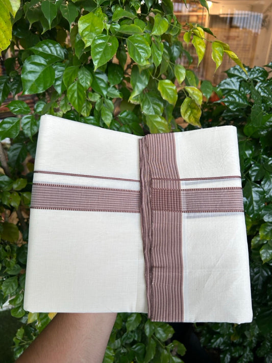 25% Discount! KaithariKada HANDLOOM  UNAKKUPAAV Balaramapuram - 100% PURE Cotton OFF White - (Unbleached) Double Mundu/Dothi - 100 x 80 - 1.25 inch Brown Cream Violet Tint Stripes 3.80 meter (8.5 mulam) - 21 KK5249 REA