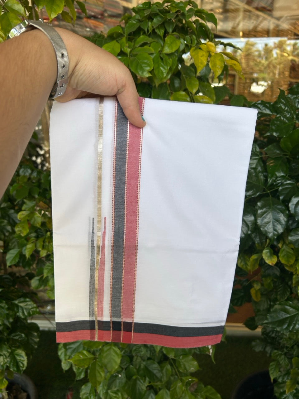 26% Discount ! NEW! KaithariKada Balaramapuram 100% Cotton Pure white Double Mundu/Dhoti - (100x80)s - Red Black Chutty Silver Kasav - 21 KK5252 CKS