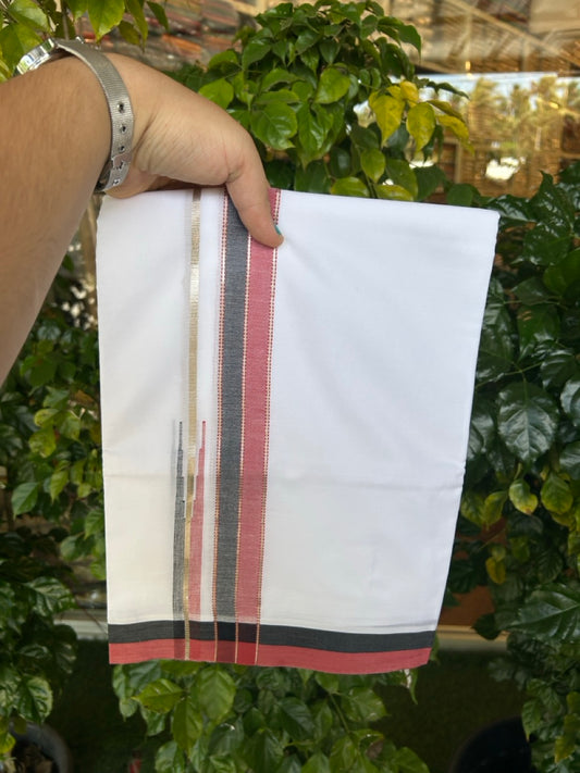 26% Discount ! NEW! KaithariKada Balaramapuram 100% Cotton Pure white Double Mundu/Dhoti - (100x80)s - Red Black Chutty Silver Kasav - 21 KK5252 CKS