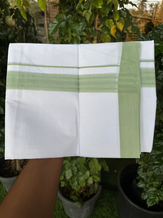 Short Dhoti Special - 28% Discount ! KaithariKada 100% Cotton Pure White Double Mundu / Dhoti - 100x80 - 45 inch Height 3.80 m Length  1.5 inch Light Green kara - 21 KK5258 THI