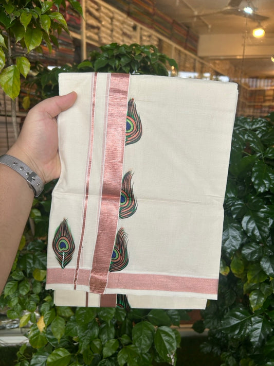 24% Discount! KaithariKada 100% Cotton Double Off white - (Ubleached) Mundu / Dhoti - 100x80 1 inch Copper Silver Kasavu & Hand Painted Peacock - 21 KK5259 CKS