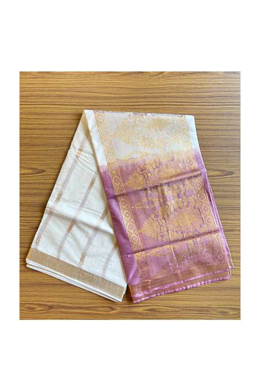 15% Discount! Kaitharikada Kerala Cotton Saree - Onion Pink Colour Dyed & 24 inch Kasavu Saree with Flower Pattern Putta Design - 21KK1003HAR