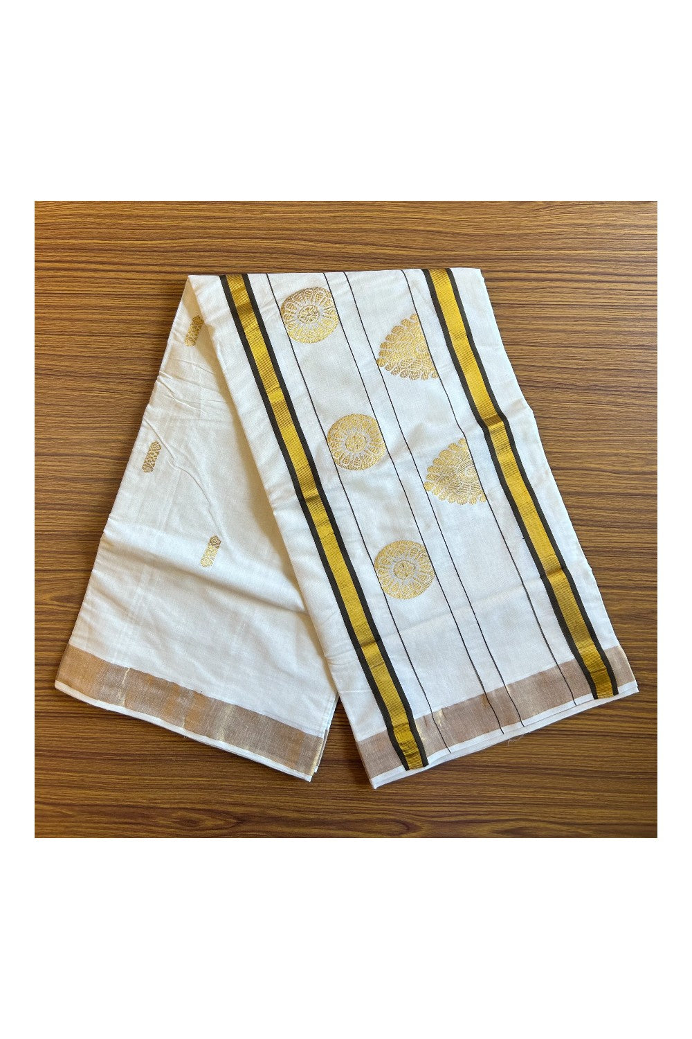 25% Discount! Kaitharikada Kerala Cotton Saree Off white - 12 inch Kasavu Zari with Brown Flower Pattern Putta Design- 21KK303VIN