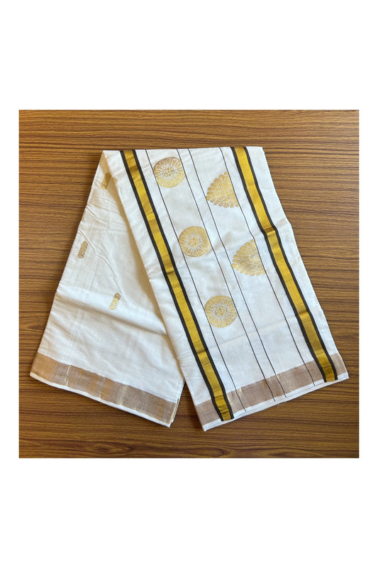 25% Discount! Kaitharikada Kerala Cotton Saree Off white - 12 inch Kasavu Zari with Brown Flower Pattern Putta Design- 21KK303VIN