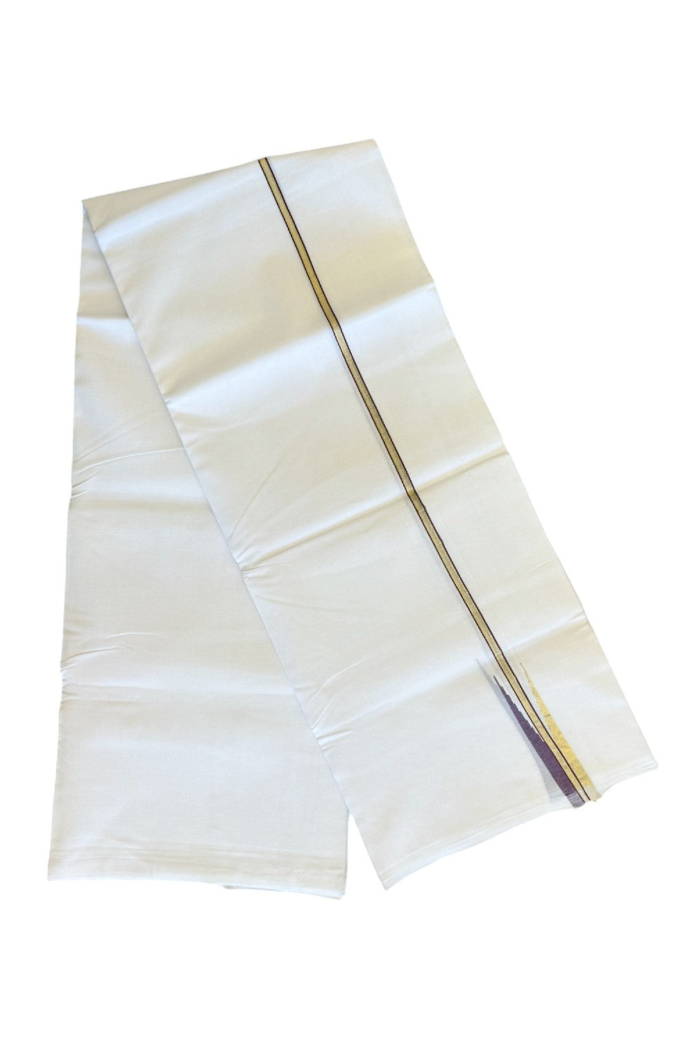 20% DISCOUNT!! KaithariKada Balaramapuram 100% Cotton PURE WHITE Double Mundu/Dhoti-100x100  - 1 inch Puliyilakkara kasavu & Wine purple  chutty - 21KK481ASH