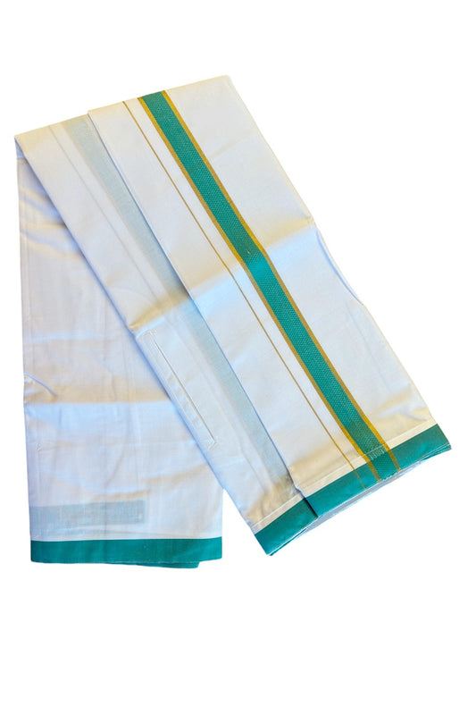 KaithariKada Balaramapuram COTTON SINGLE PURE WHITE VELCRO Mundu/Dhoti - 1.75inch Green & Kasavu kara (2 metre / 4 muzham)- 21KK485SRI