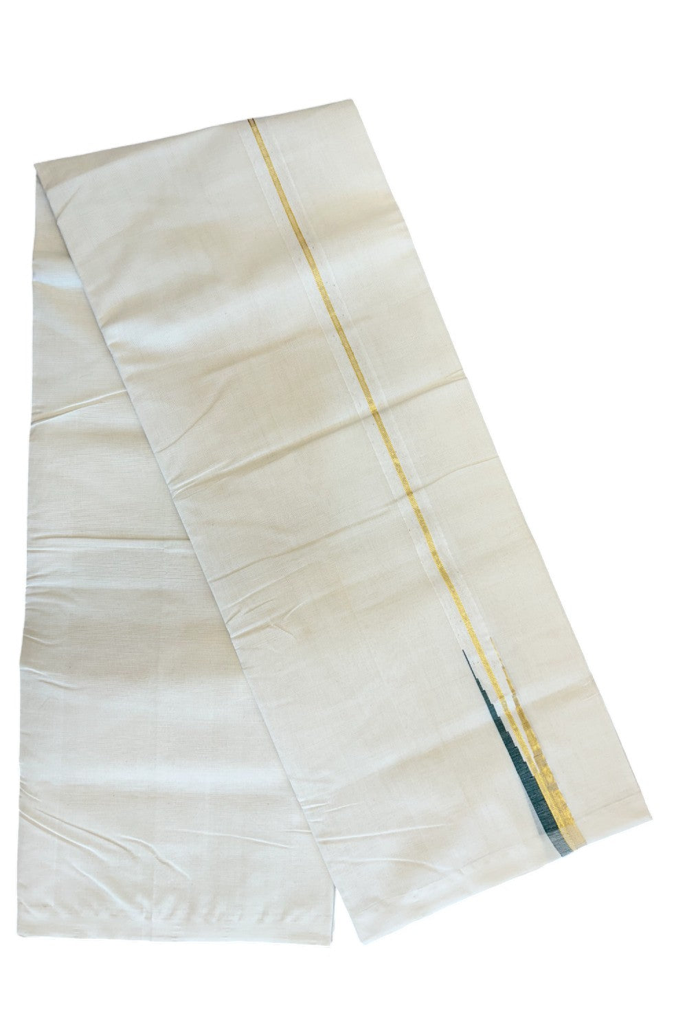 30% DISCOUNT!! KaithariKada HANDLOOM Millpaav Balaramapuram - 100% PURE Cotton OFF White - (Unbleached) Double Mundu/Dothi - 1 inch puliyilakkara Kasavu & green chutty - 21KK5011RAM