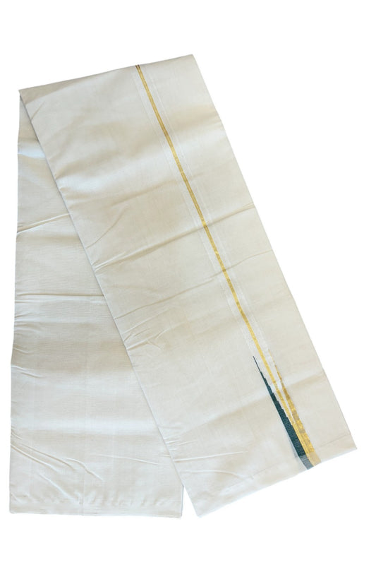 30% DISCOUNT!! KaithariKada HANDLOOM Millpaav Balaramapuram - 100% PURE Cotton OFF White - (Unbleached) Double Mundu/Dothi - 1 inch puliyilakkara Kasavu & green chutty - 21KK5011RAM