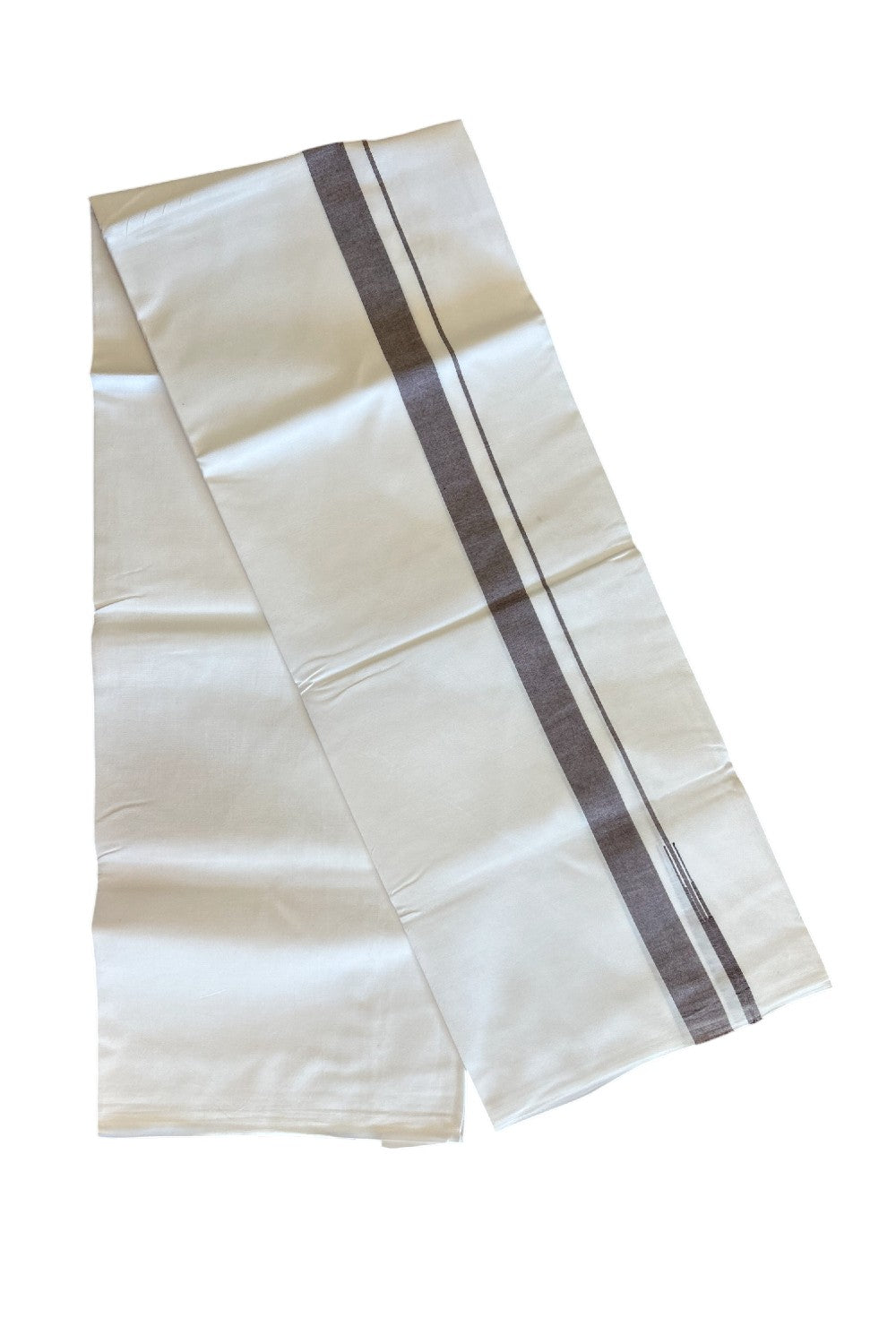 25% DISCOUNT!! KaithariKada Balaramapuram 100% Cotton PURE WHITE Single Mundu/Dhoti-100x100  Puliyilakkara Brown Shaded chutty (2 meter / 4 muzham) - 21KK5043ASH