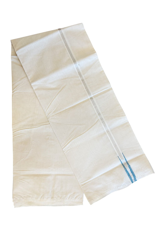 19% Discount KaithariKada Balaramapuram 100% Cotton Off White Double -(Unbleached) Mundu/Dhoti - 100x100 - 2 cm Puliyilakkara Chutty stripes Silver Kasavu & Peacock Blue Kara - 5