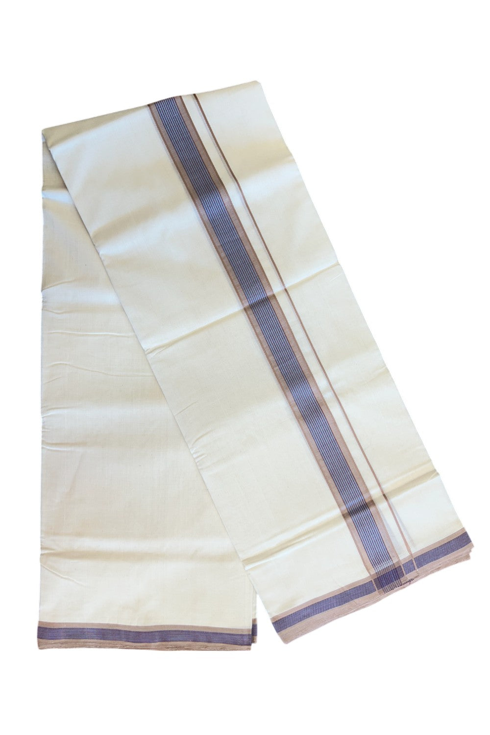30% Discount KaithariKada HANDLOOM Unakkupaav Balaramapuram - 100% PURE Cotton Off White (Unbleached) - 100x100 Double Mundu/Dhoti -  2.25 inch Brown + Violet & Blue Stripes Kara-98