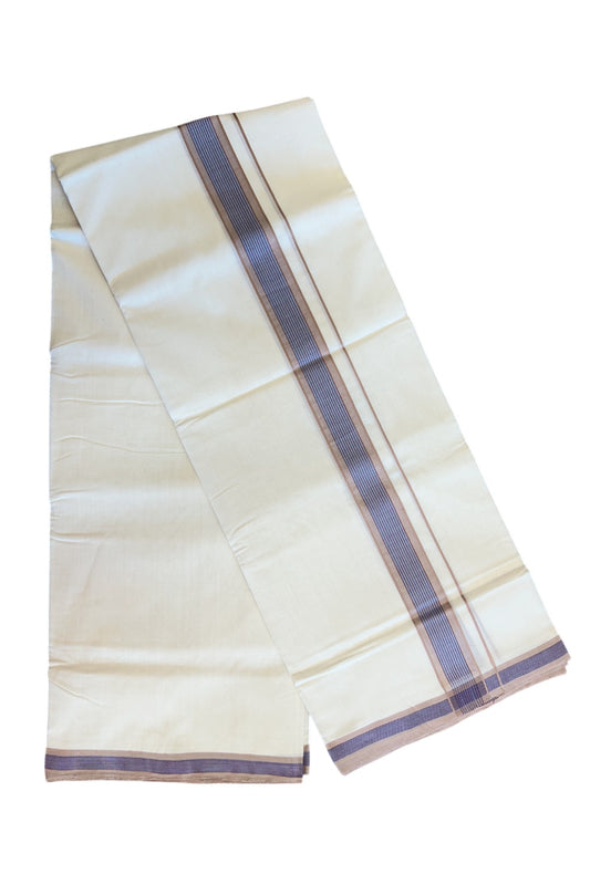 30% Discount KaithariKada HANDLOOM Unakkupaav Balaramapuram - 100% PURE Cotton Off White (Unbleached) - 100x100 Double Mundu/Dhoti -  2.25 inch Brown + Violet & Blue Stripes Kara-98