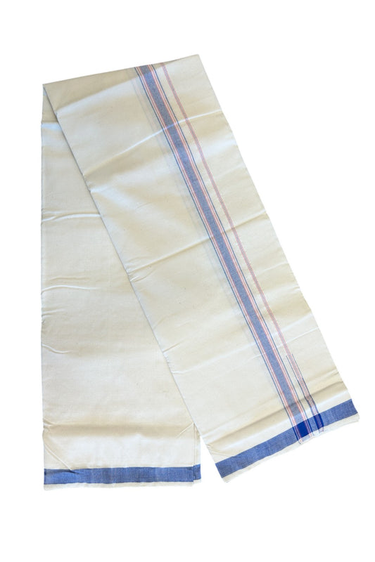 30% Discount ! KaithariKada 100% Cotton Balaramapuram HANDLOOM Single Mundu/Dhoti - Off White (Unbleached) 1.Inch (2 meter / 4 muzham) Blue & Red Stripes Kasavu Puliyilakkara Chutty.