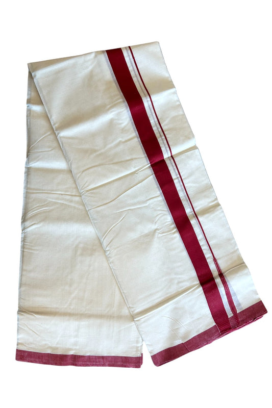 30% DISCOUNT!! KaithariKada HANDLOOM Unakkupaavu Balaramapuram - 100% PURE Cotton OFF White (Unbleached) Double Mundu/Dothi - 1.25 inch puliyilakkara Maroon Red chutty- 18KK400ASH
