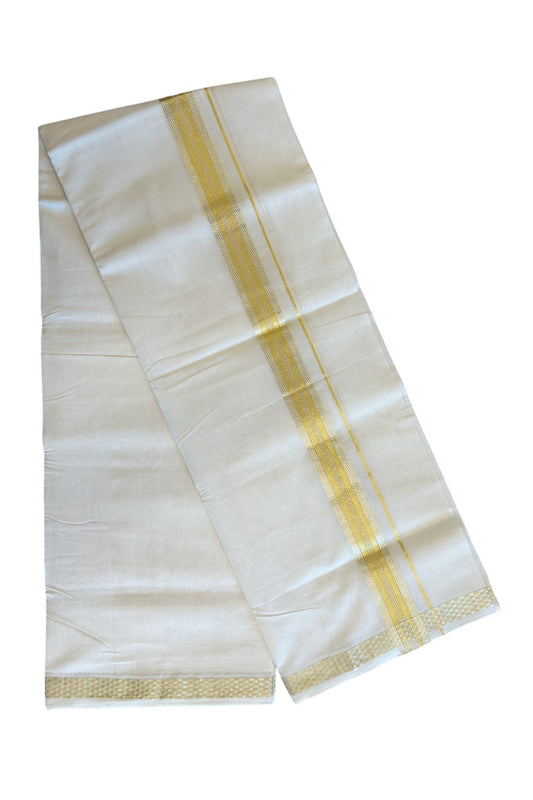 30% Discount!!! KaithariKada HANDLOOM UNAKKUPAAV Balaramapuram - 100% PURE Cotton off white (Unbleached) Double Mundu/Dhoti -100x 100 - 2 inch Gold & silver Kasavu Stripes Design kara  - 20KK5096YAR