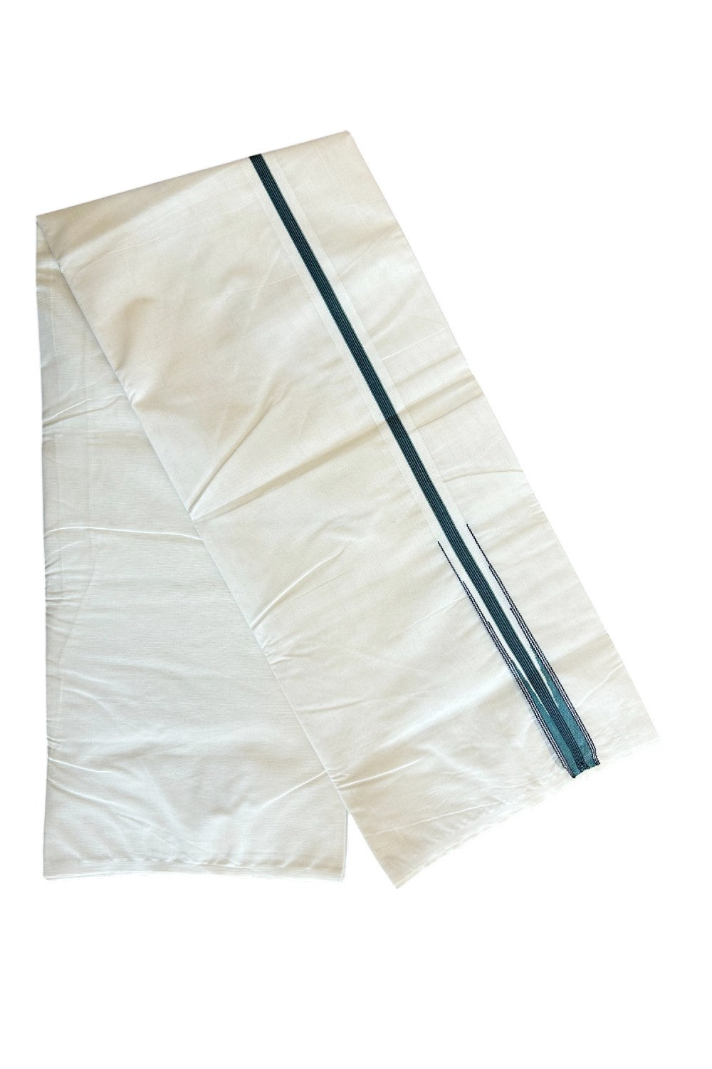 SHORT DHOTI SPECIAL! Kaitharikada.com - 19% Discount! Balaramapuram Double Off white - (Unbleached) Mundu/Dhoti - 100X100 - 1 inch Kara & 45 inches Height  Puliyilakkara Teal green & Black Striped Chutty Kara - 23KK5120ASH
