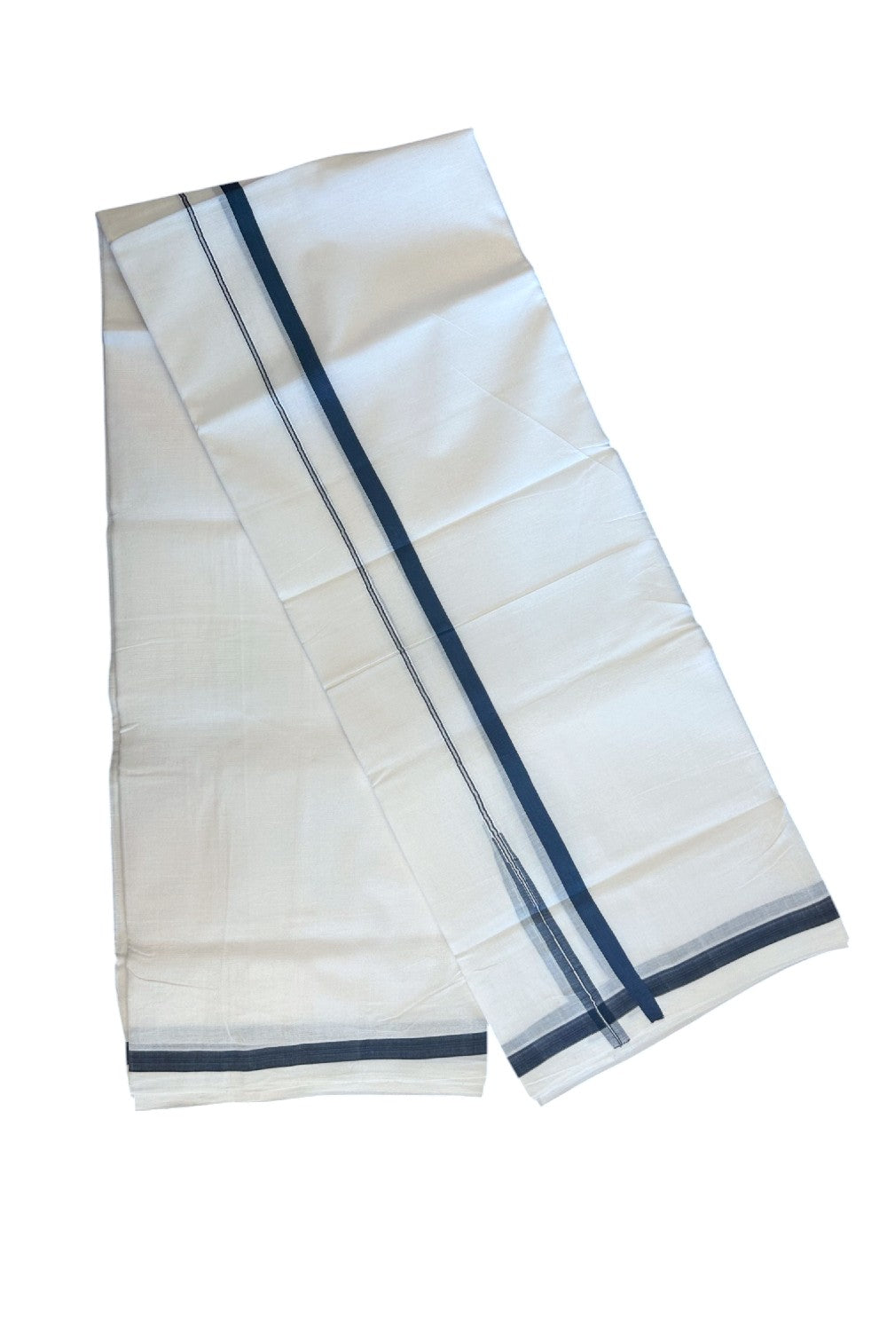 30% DISCOUNT!! KaithariKada HANDLOOM Unakkupaavu Balaramapuram - 100% PURE Cotton PURE WHITE - Double Mundu/Dothi - Ash Blue & Silver puliyilakkara chutty - 21KK5129YAR