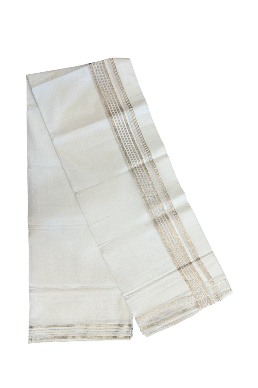 25% DISCOUNT! KaithariKada Balaramapuram 100% Cotton Double PURE white Mundu/Dhoti - 100x100 - 1.25 inch Silver Kasavu STRIPED Kara - 21KK5139THI