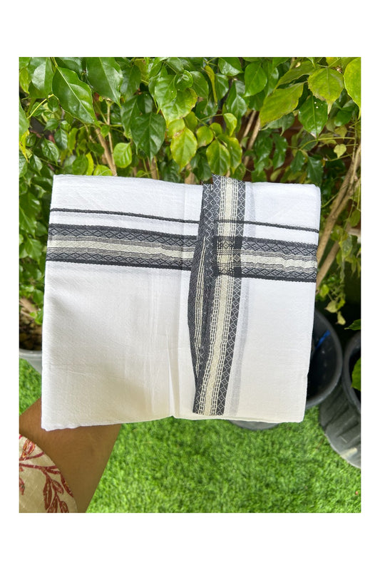 EMBOSSED COTTON 33% DISCOUNT!! Kaitharikada Balaramapuram 100% Cotton PURE WHITE Double Mundu/Dothi - 100X80 - 1.5 Inch Black Silver striped Kara with embossed design body - 21KK5155THI