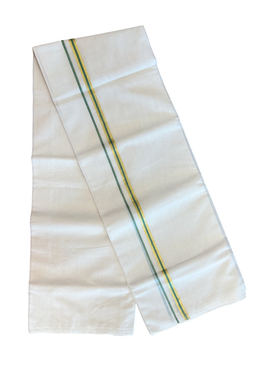 27% DISCOUNT! KaithariKada BALARAMAPURAM HANDLOOM UNAKKUPAAV - 100% PURE Cotton Off white (Unbleached) Double Mundu/Dhoti - 0.5 inch Gold Kasavu & Muthukkuri Green Kara (8 Muzham) - 7KK5161SOM