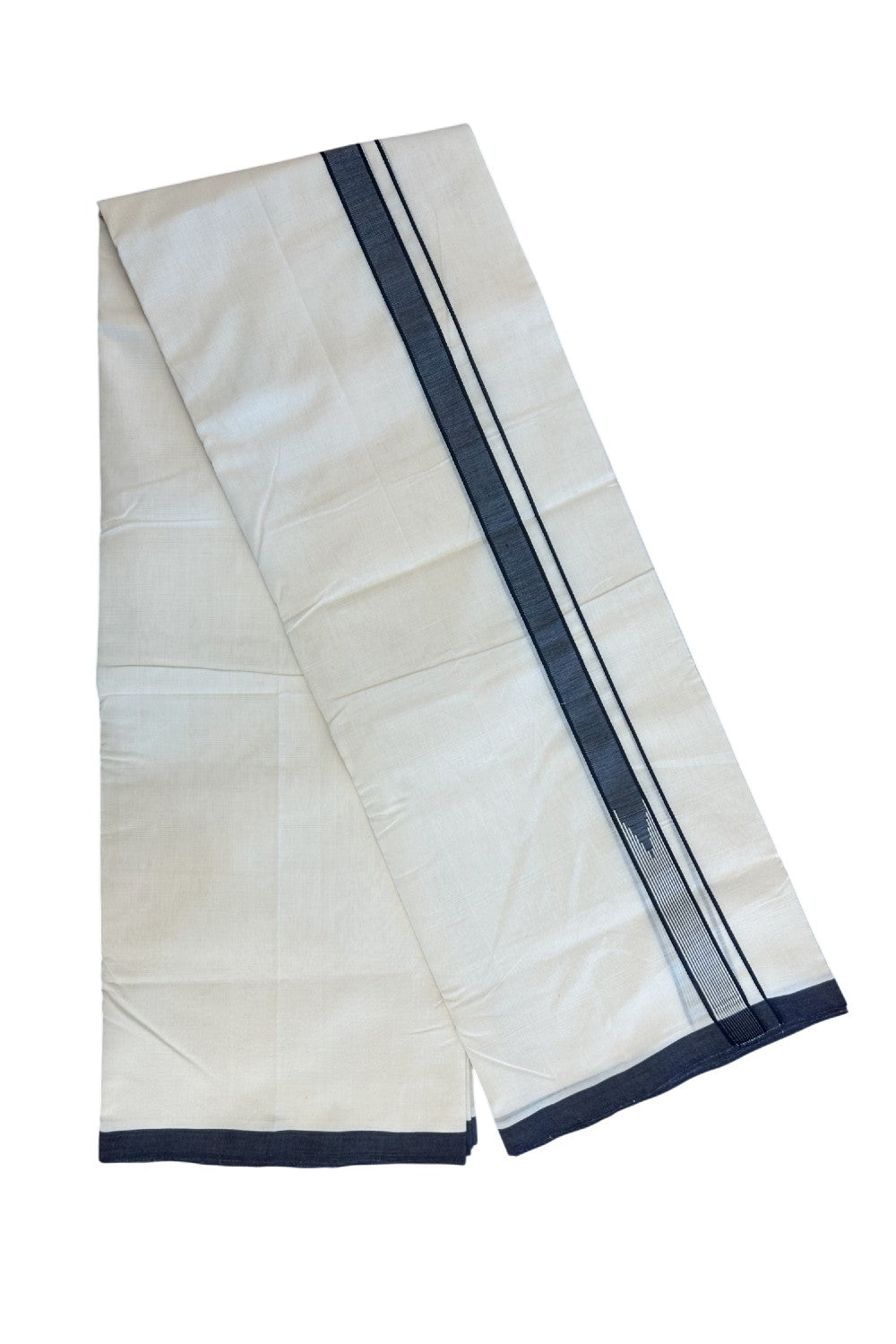 25% DISCOUNT!! KaithariKada HANDLOOM  UNAKKUPAAV Balaramapuram - 100% PURE Cotton OFF White - (Unbleached) Double Mundu/Dothi - 100X100 - 1 inch Silver kasavu Puliyilakkara Navy blue & White striped chutty 3.80 meter (8.5 Muzham) - 7KK5167REA