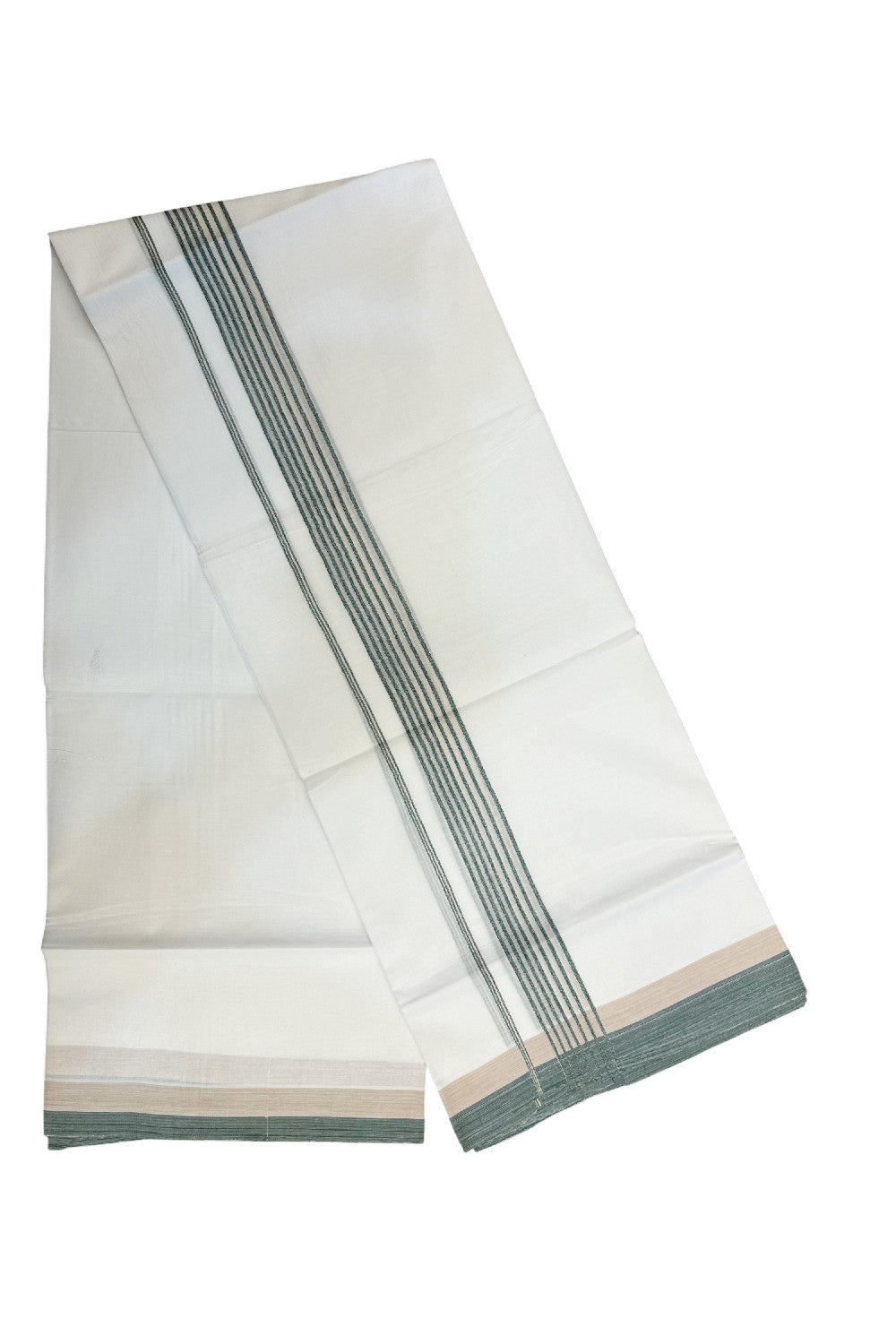 20% DISCOUNT ! KaithariKada Balaramapuram 100% Cotton Double PURE WHITE Mundu/Dhoti - 100X80 - 1.5 inch Silver kasavu Green  & Cream Stripes kara - 21KK5172PMC