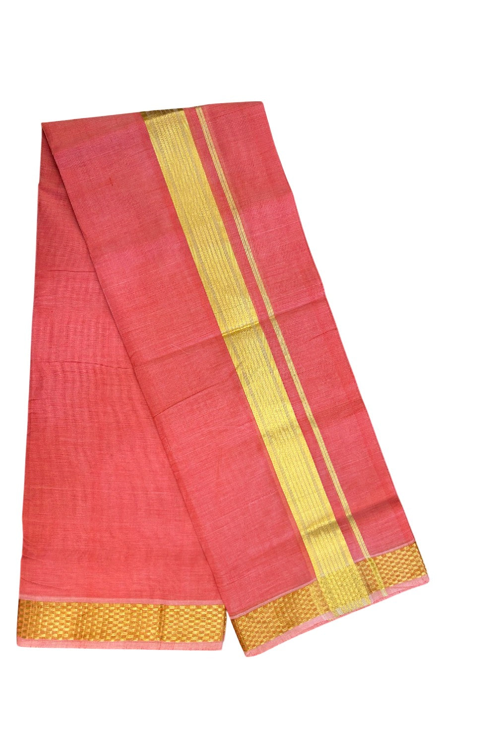 25% Discount! KaithariKada Handloom UNAKKUPAAV Balaramapuram - 100% Cotton Double Mundu/Dhoti - Red Pink Colour Body - 1.75 inch Gold Kasavu Stripes Design - 21KK5176ABH