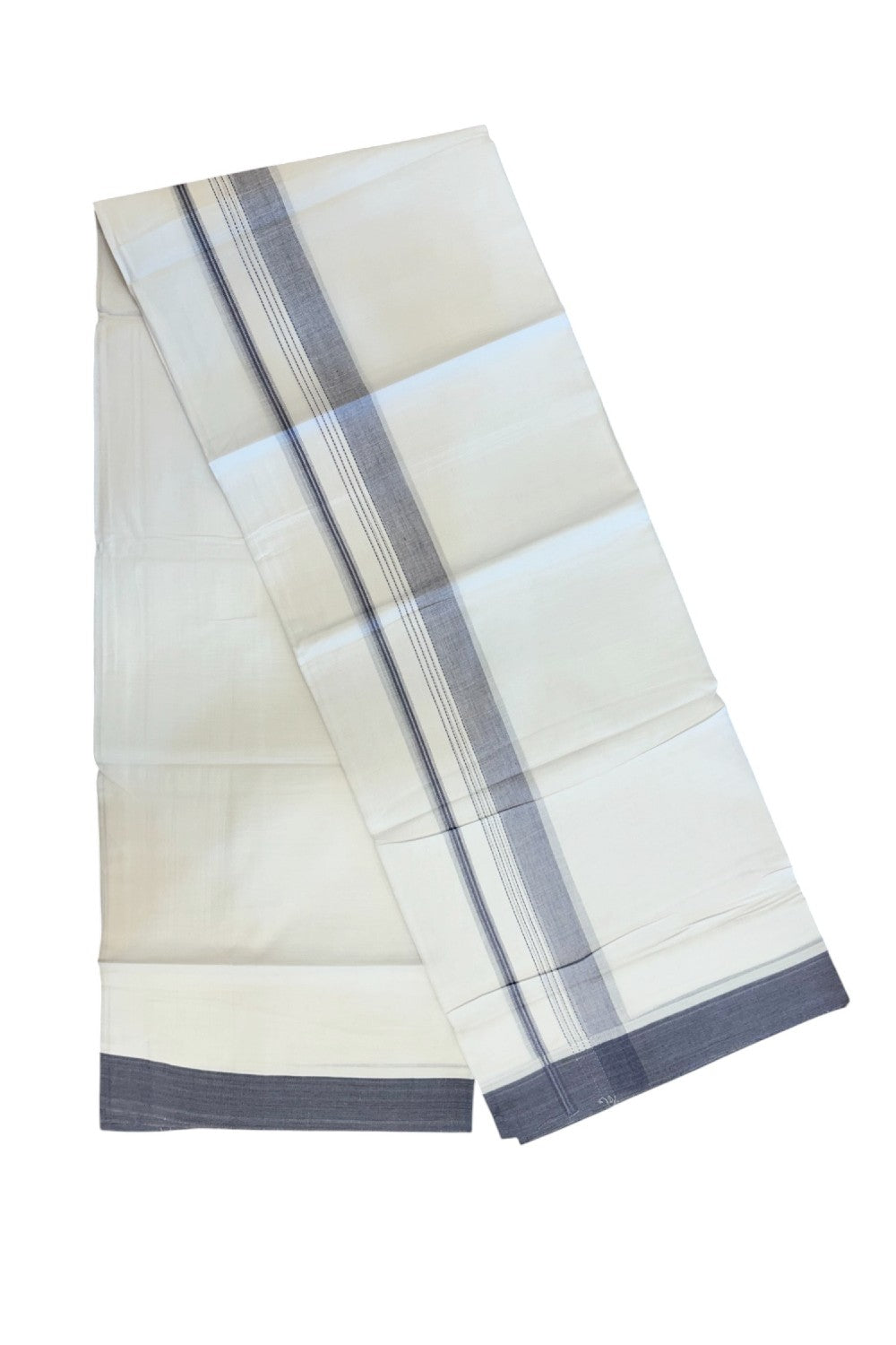 20% Discount ! Kaitharikada Balaramapuram 100% Cotton PURE WHITE Double Mundu/Dothi - 100x80 - 1.5 inch Purple Ash Shaded Striped Kara - 21KK5183VIN
