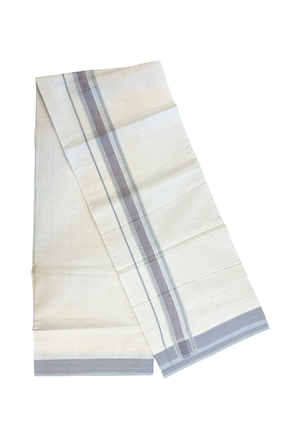 20% DISCOUNT ! KaithariKada Balaramapuram 100%  Cotton OFF WHITE (Unbleached) Double  Mundu/Dhoti - 100X80 - 1.5 inch Purple, Ash Blue & Black Shaded Designer Kara - 21KK5213 VIN