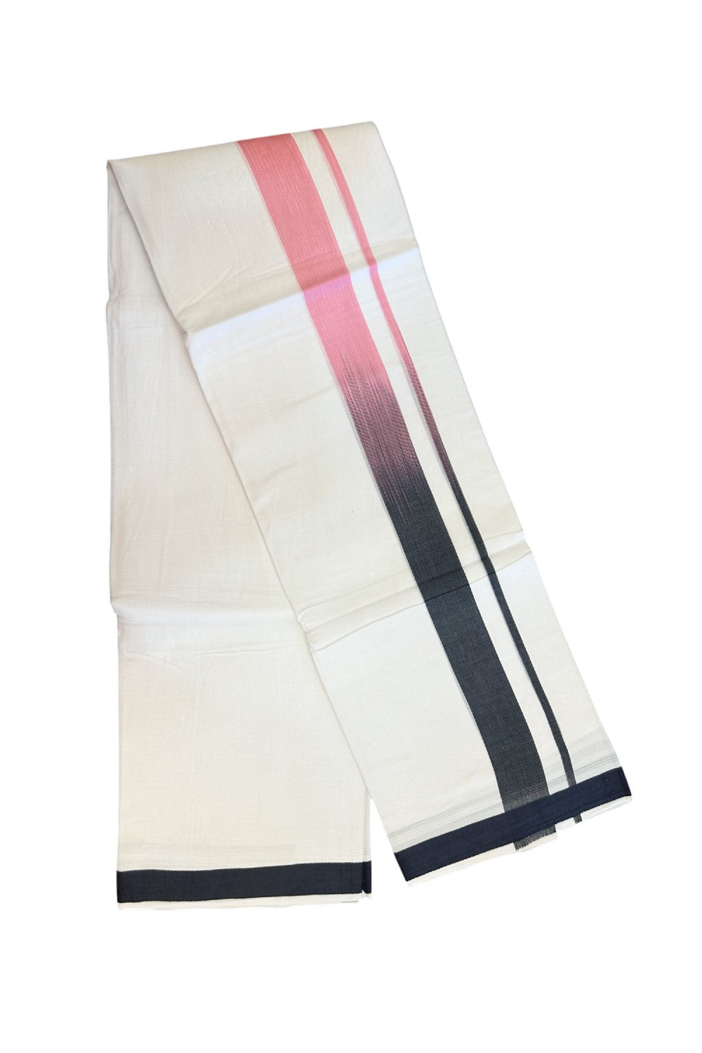 20% Discount!!! KaithariKada Balaramapuram Double PURE WHITE RAINBOW Mundu/Dhoti - 100X80 - 1.5 inch Black & Pink shaded Striped Designer Kara - 21KK5220 THI