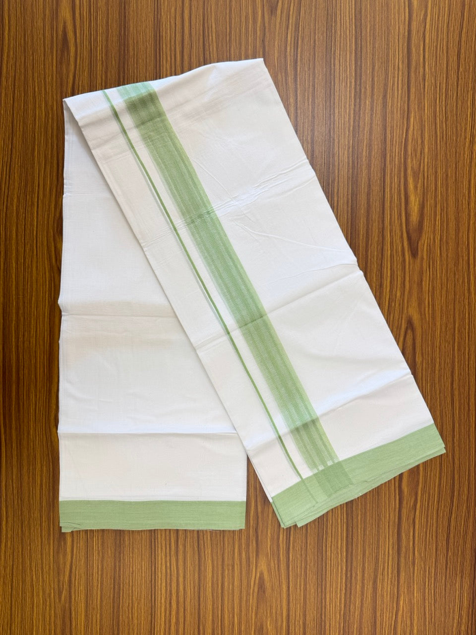Short Dhoti Special - 28% Discount ! KaithariKada 100% Cotton Pure White Double Mundu / Dhoti - 100x80 - 45 inch Height 3.80 m Length  1.5 inch Light Green kara - 21 KK5258 THI