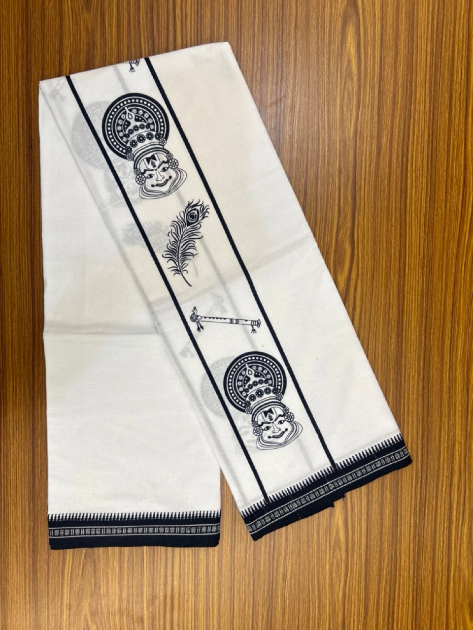 18% Discount!!! Kaitharikada Mixed Cotton Single White Body - Kaily / Lungi - 3.25 inch Navy Blue Kathakali Flute Peacock kara Kuppadam Border (2 meter / 4 muzham) - 21KK8027 AS