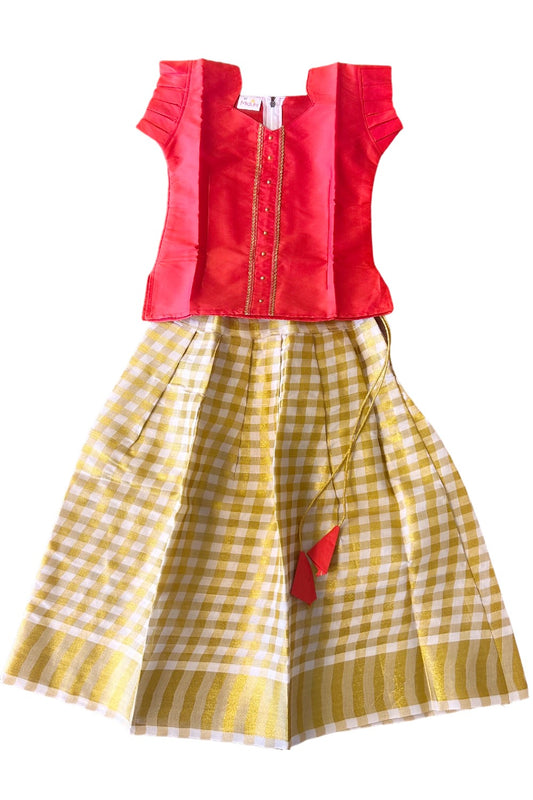 Midukki-Traditional South Indian Kids Pattu Pavada- Orange top offwhite check skirt - Age 5 - KK5MID0021