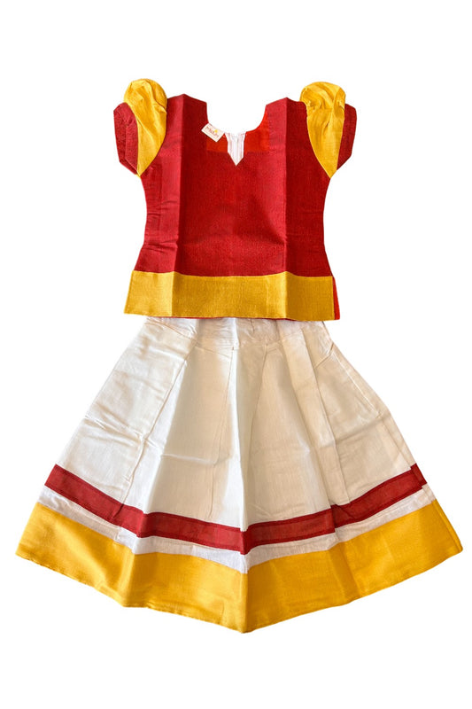 Midukki-Traditional South Indian Kids Pattu Pavada- Maroon top with emboss work offwhite skirt with kasavu- Age 4 - KK4MID0021
