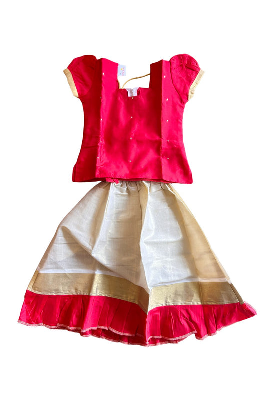 Midukki-Traditional South Indian Kids Pattu Pavada-  Red top tissue skirt with frill bottom- Age 3 - KK3MID0021