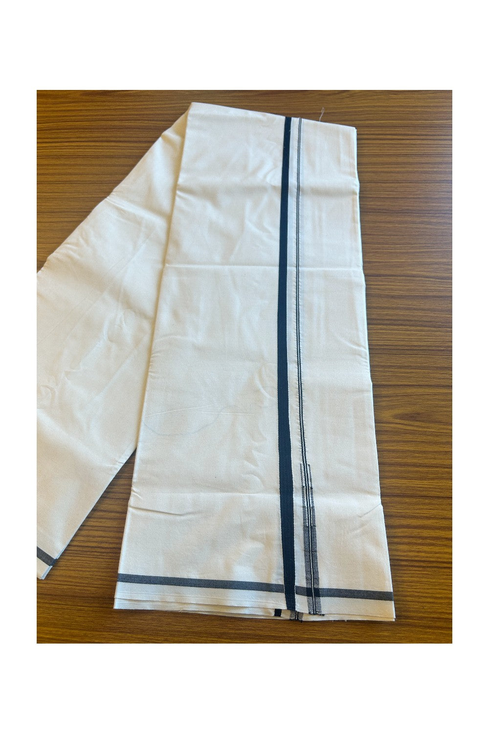 22% DISCOUNT ! KaithariKada Balaramapuram 100%  COTTON SINGLE OFF WHITE - (Unbleached) Mundu/Dhoti-100X100-  0.5 Inch (2 meter / 4 muzham) Puliyilakkara Black Chutty - 21KK400ASH