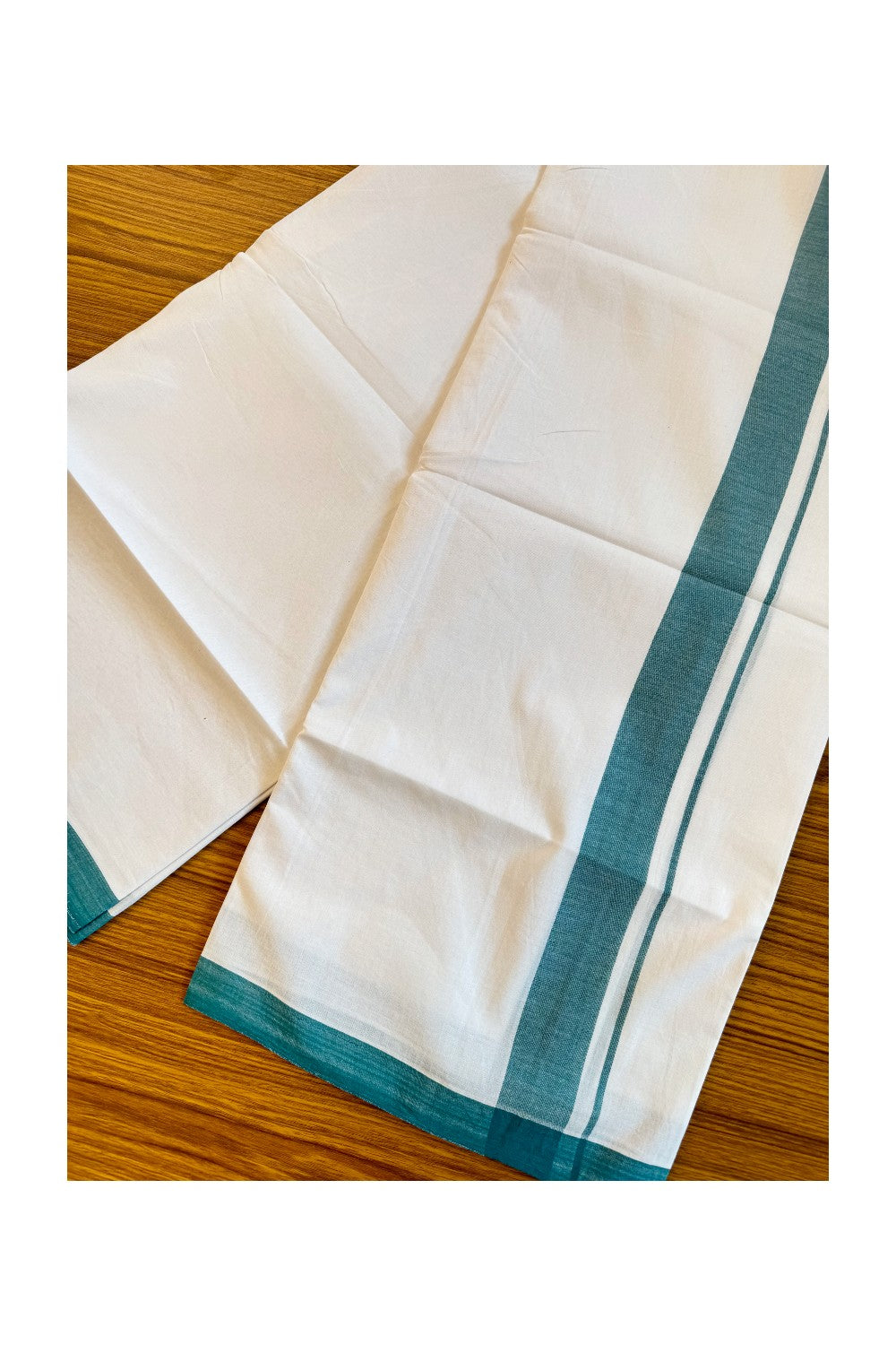 30% Discount! KaithariKada Balaramapuram Handloom 100% Millpaav Cotton Double Mundu/Dhoti Pure white - 100x100  Green Mulloth Border - 21KK404RAM